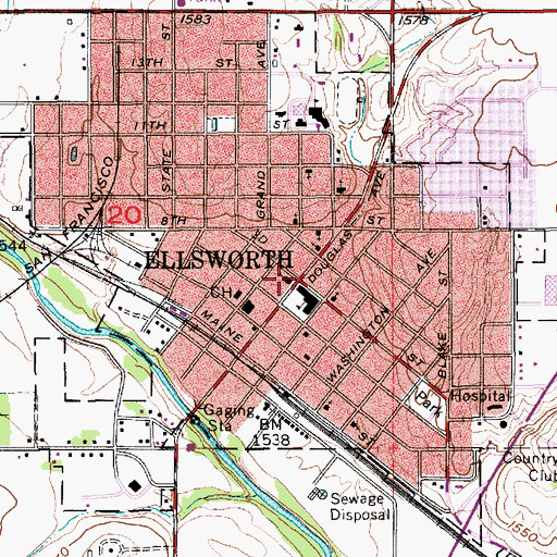 Topographic Map of Ellsworth First United Methodist Church, KS
