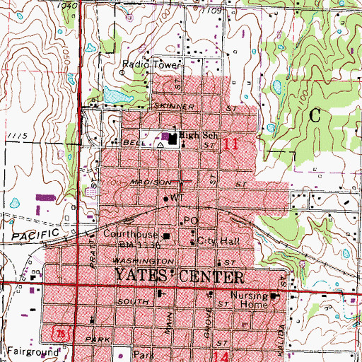 Topographic Map of Yates Center Presbyterian Church, KS