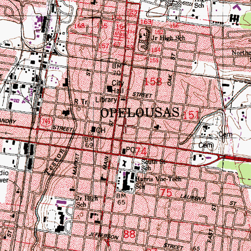 Topographic Map of Opelousas Fire Department Station 3, LA