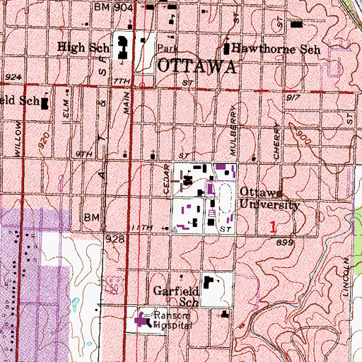 Topographic Map of Ottawa University Myers Library, KS