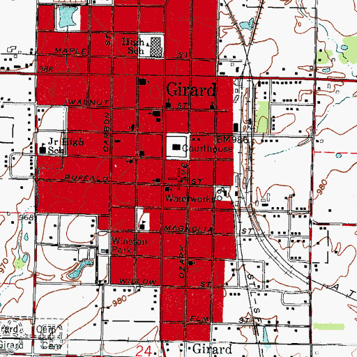 Topographic Map of Girard Civic Center, KS