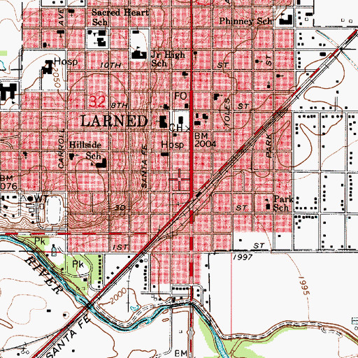 Topographic Map of Larned City Hall, KS