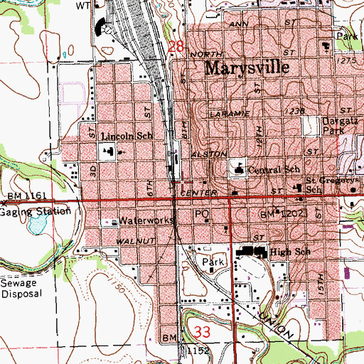 Topographic Map of Marysville City Hall, KS