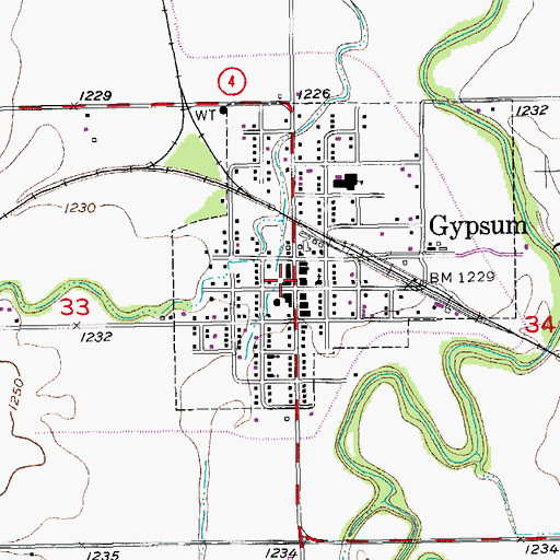 Topographic Map of Gypsum Post Office, KS