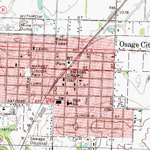 Topographic Map of Osage City Post Office, KS
