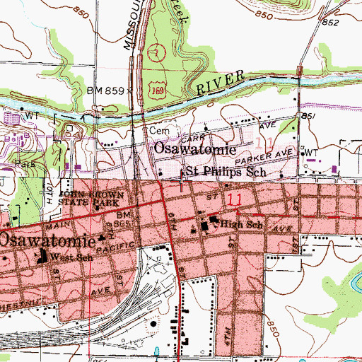 Topographic Map of Osawatomie Post Office, KS