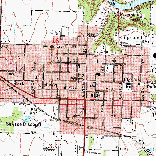Topographic Map of Oswego Post Office, KS