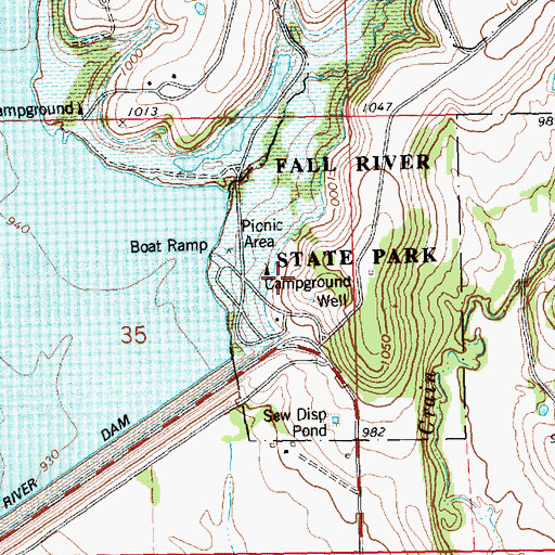 Topographic Map of Fall River State Park Quarry Bay Campground, KS