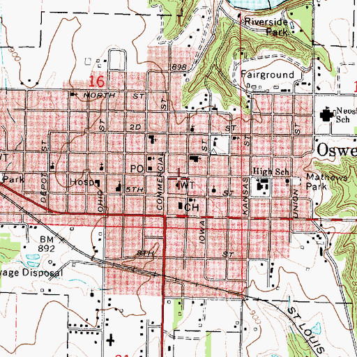 Topographic Map of Oswego Public Library, KS