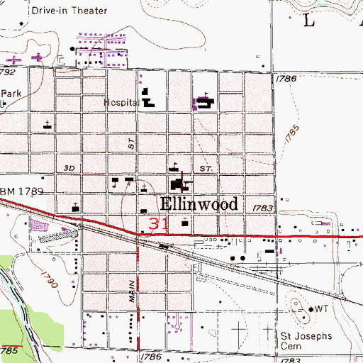 Topographic Map of Ellinwood School Community Library, KS