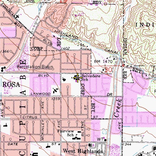 Topographic Map of Belvedere Elementary School, CA