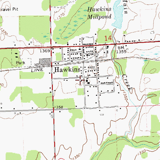 Topographic Map of Hawkins Emergency Medical Services, WI