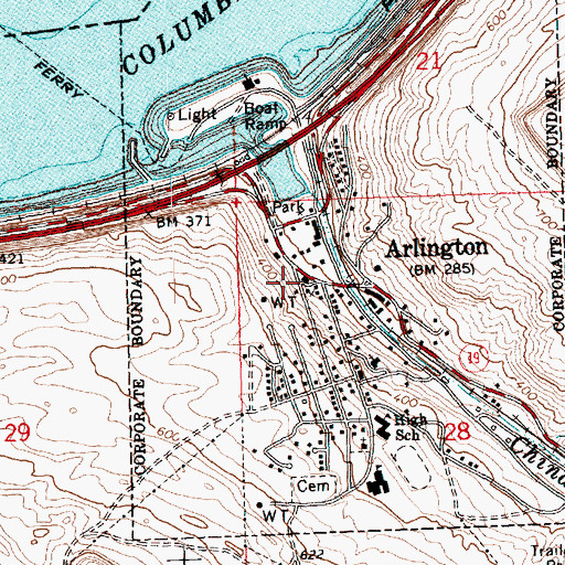 Topographic Map of Arlington Public Library, OR