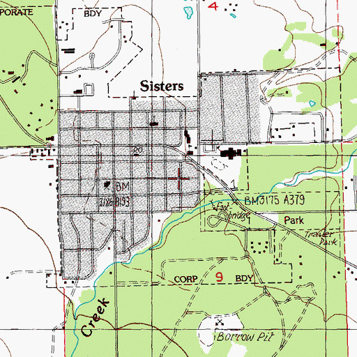 Topographic Map of Cascades East Transit Sisters Park and Ride, OR