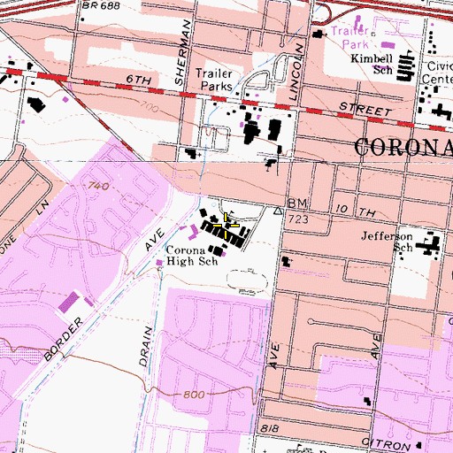 Topographic Map of Corona High School, CA