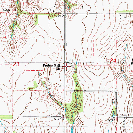 Topographic Map of Prairie Bell Cemetery, OK