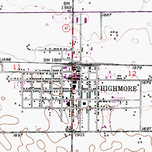 Topographic Map of Highmore Post Office, SD