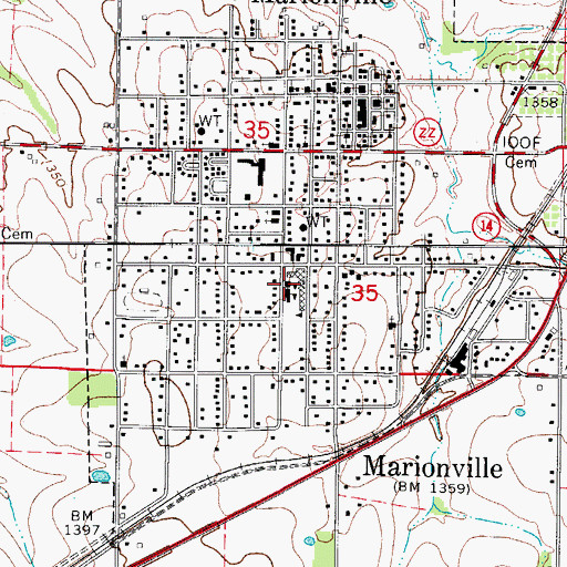 Topographic Map of Marionville Elementary School, MO