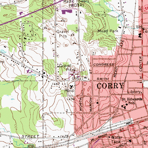 Topographic Map of First Presbyterian Church of Corry, PA
