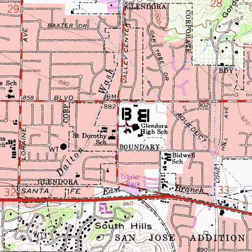 Topographic Map of Glendora High School, CA