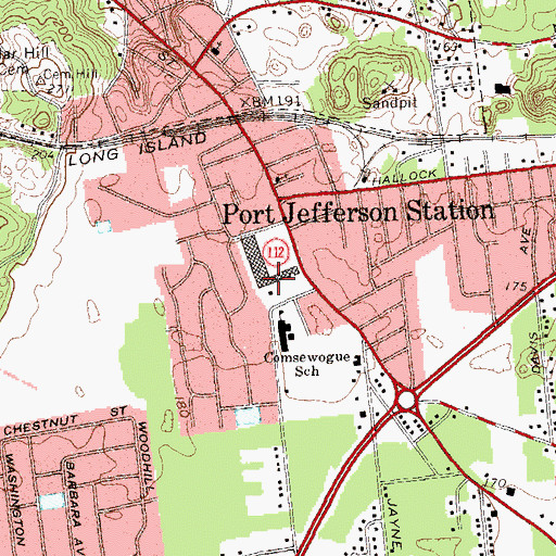 Topographic Map of Port Jefferson Station Post Office, NY