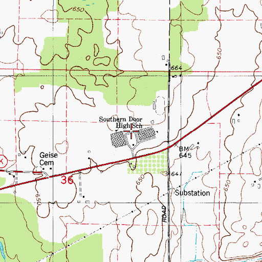 Topographic Map of Southern Door Middle School, WI