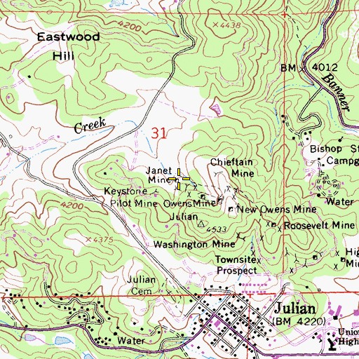 Topographic Map of Janet Mine, CA