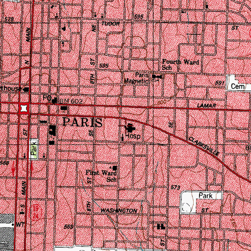 Topographic Map of CHRISTUS Dubuis Hospital of Paris, TX
