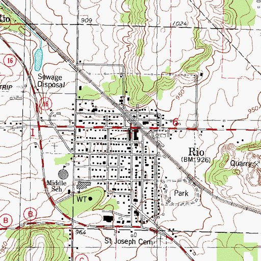 Topographic Map of Rio Post Office, WI