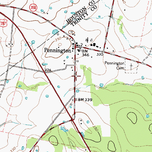 Topographic Map of Pennington Post Office, TX
