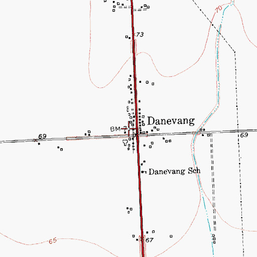Topographic Map of Danevang Post Office, TX