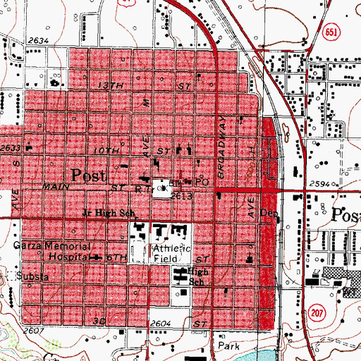 Topographic Map of Post Post Office, TX