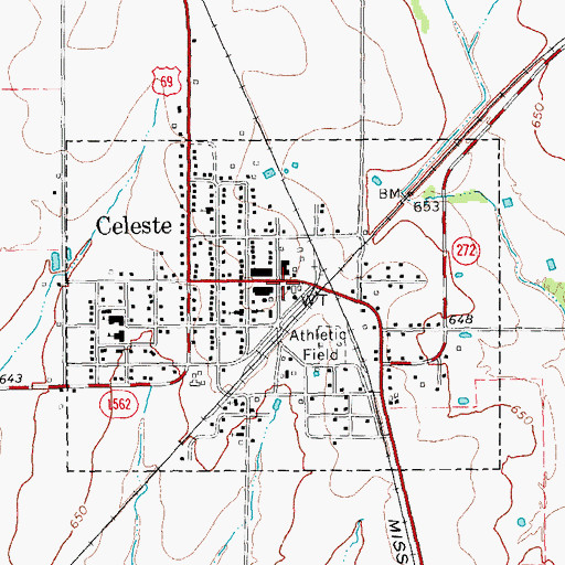 Topographic Map of Celeste Post Office, TX