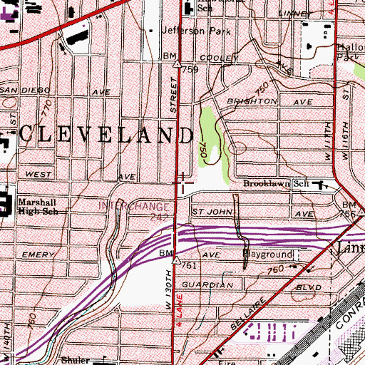 Topographic Map of Cleveland Division of Police - 1st District, OH