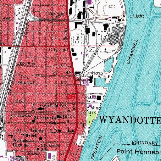 Topographic Map of Henry Ford Wyandotte Hospital, MI