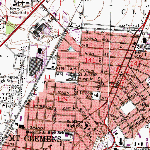 Topographic Map of Henry Ford Macomb Hospital - Mount Clemens Campus, MI
