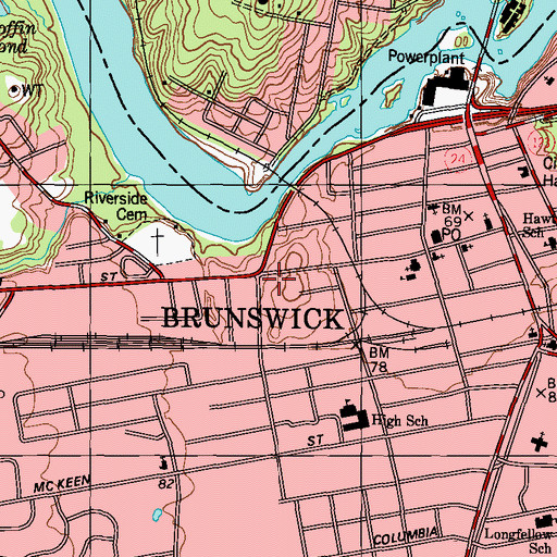 Topographic Map of Brunswick Police Department, ME