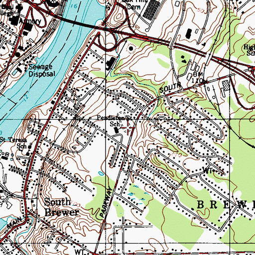 Topographic Map of Brewer Community School, ME