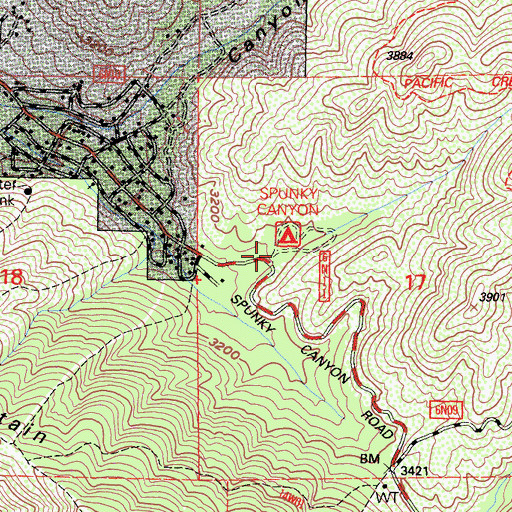 Topographic Map of Spunky Canyon Campground, CA