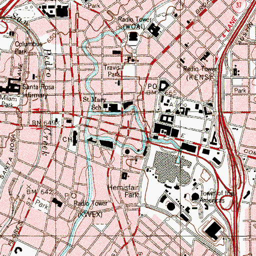 Topographic Map of San Antonio Police Foot and Bike Patrol, TX