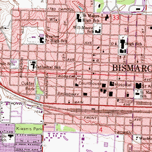 Topographic Map of Bismarck Downtown Post Office, ND