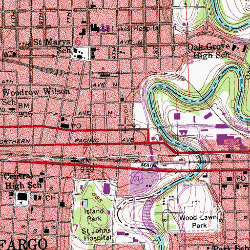 Topographic Map of Fargo Public Library, ND