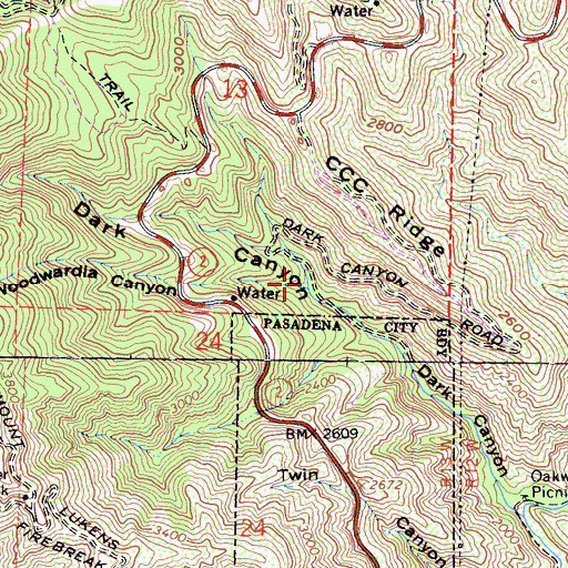 Topographic Map of Woodwardia Canyon, CA