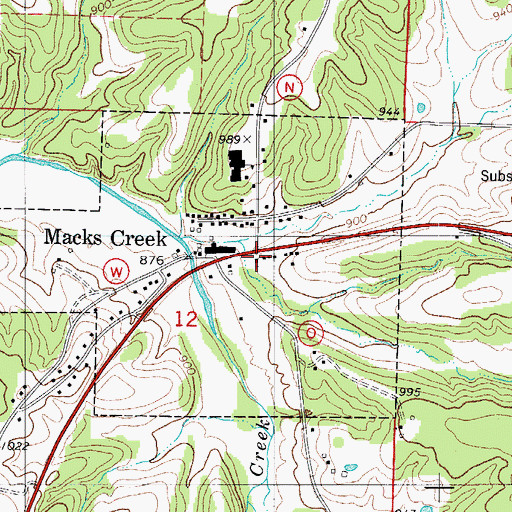 Topographic Map of Macks Creek Census Designated Place, MO