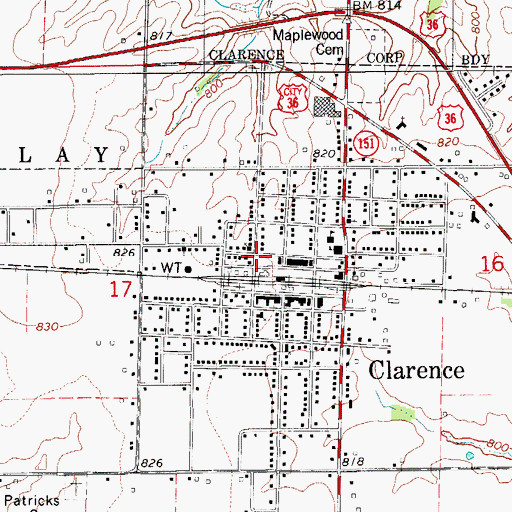 Topographic Map of Clarence Police Department, MO