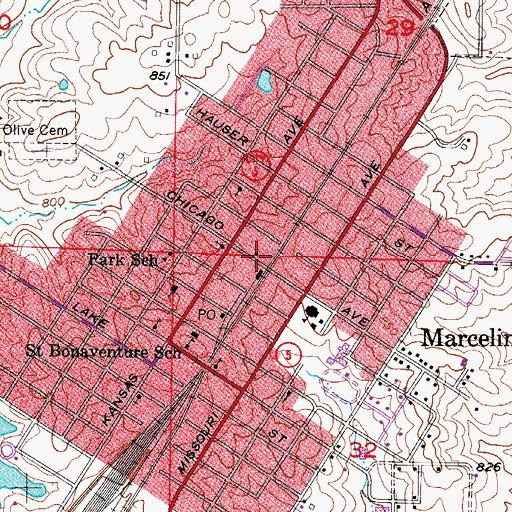 Topographic Map of Marceline Police Department, MO