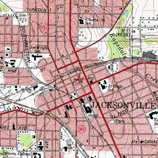 Topographic Map of Jacksonville City Hall, TX