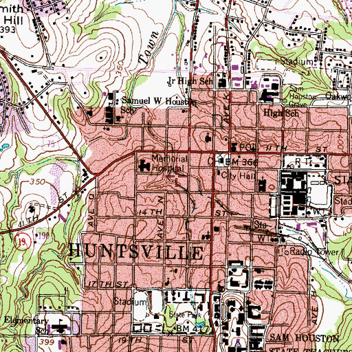 Topographic Map of Huntsville City Hall, TX