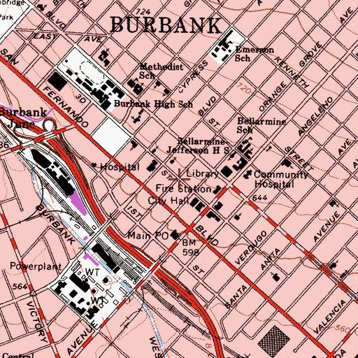 Topographic Map of Burbank Police Department, CA