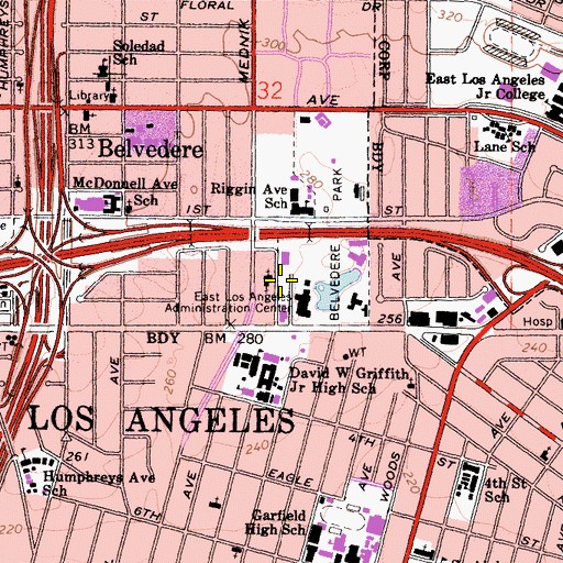 Topographic Map of Los Angeles County Sheriff's Department - Court Services Division East Los Angeles Branch, CA
